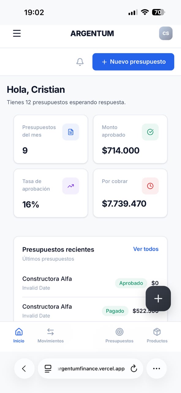 Inicio de la app Argentum