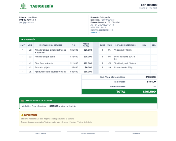 Presupuesto listo de tabiquería en Argentum
