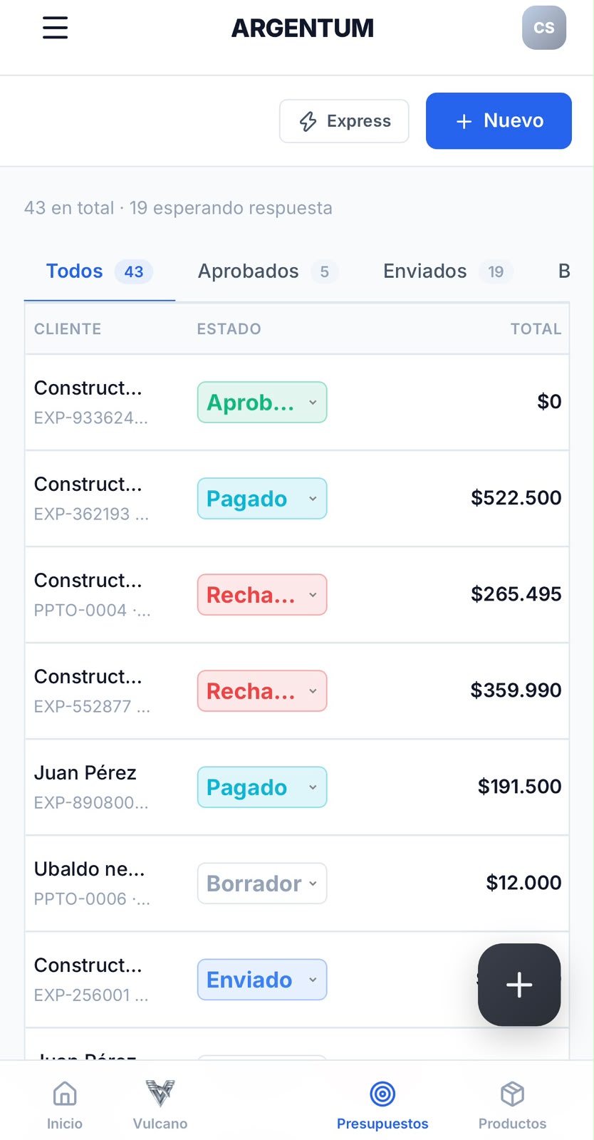 Lista de presupuestos con sus estados: aprobado, pagado, enviado